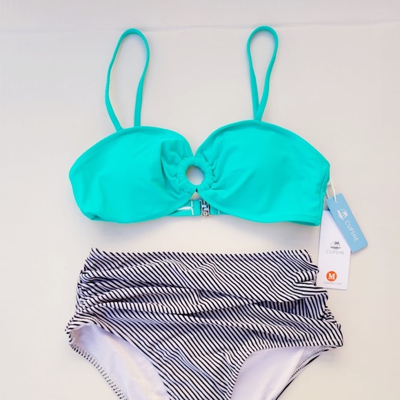 CUPSHE Women's Ruched High Waisted Bikini Set O Ring Two Piece Bathing Suit Med - Picture 4 of 8